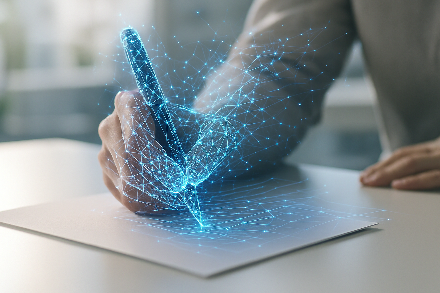 Someone writing with a pen in at a paper in a bright desk The pen is dissolving into AI tech wireframe futuristic style